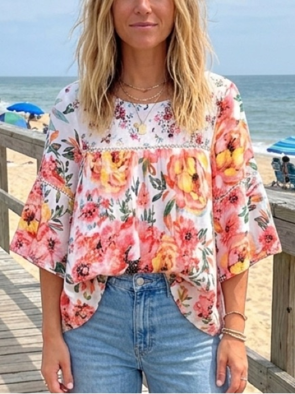 Figueroa Flower Pink Floral Rayon Bohemian Top Bell Sleeve Blouse L